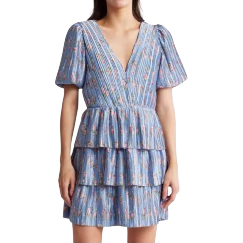 Wayf Floral Tiered Mini Dress in Blue Roses Size XS V-Neck Pleated Layers EUC 🌸